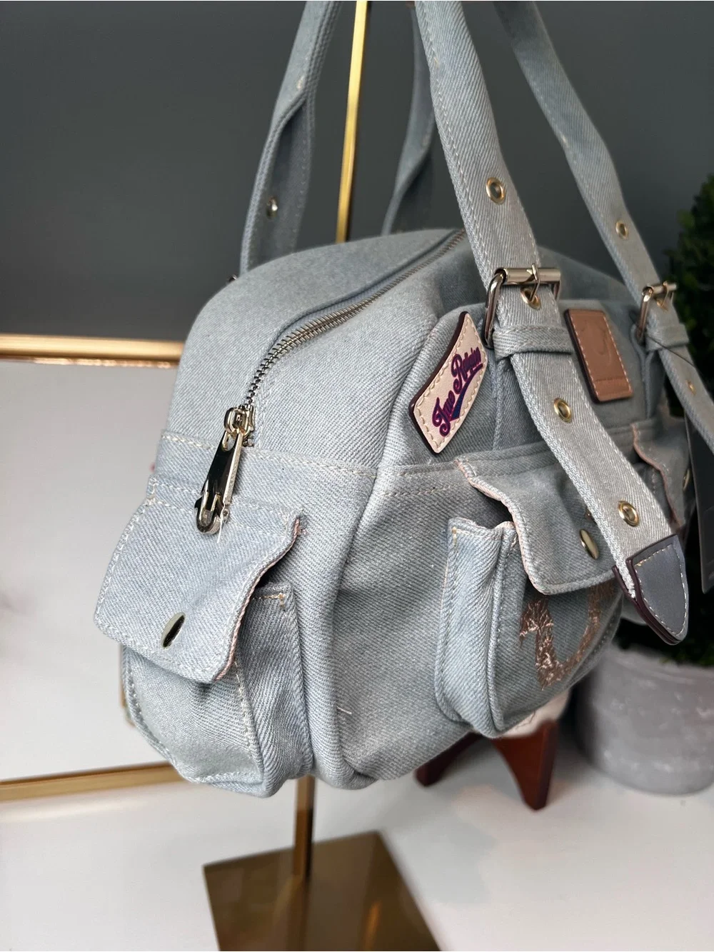 True Religion Y2K Light Wash Denim Cargo Patch Satchel Bag Purse NWT